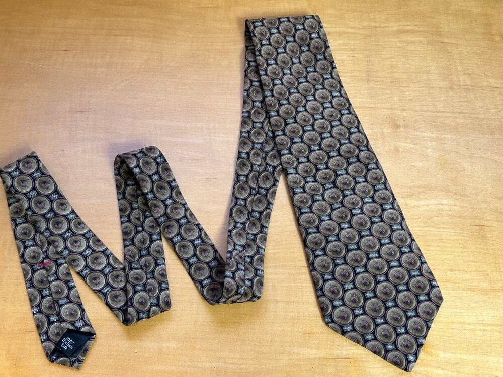 57” Gianfranco Ruffini Brown Gold Black Geometric Circles Silk Necktie - Italy
